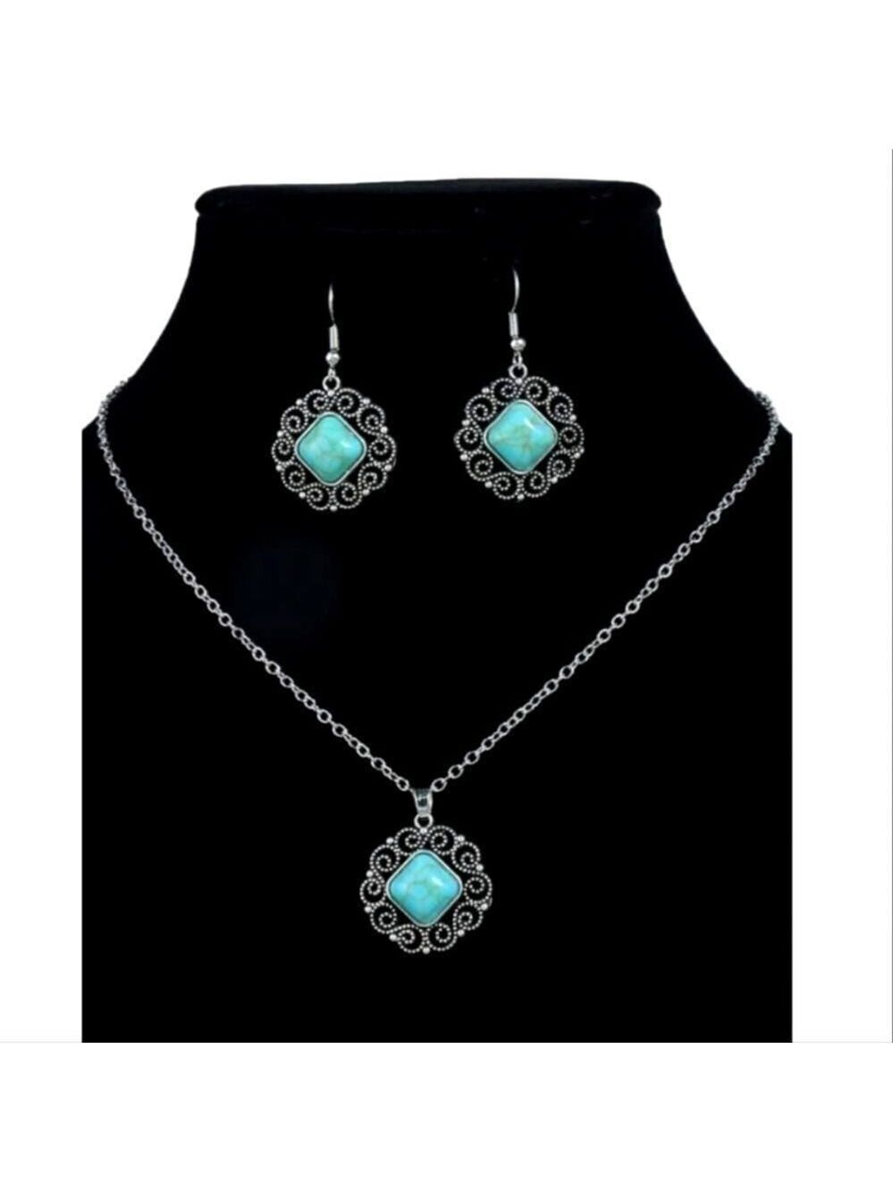 Vintage Style Earrings & Necklace Silvery Round Cut Charm Turquoise pendant